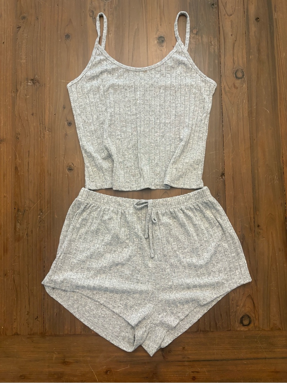 Heather Gray Ribbed Knit Pajama Set Crop Cami Tank & Shorts Loungewear